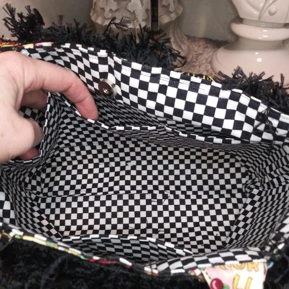 Vintage Mary Engelbreit Motto Design Black/Multi Fringe Trimmed Fabric Purse - Picture 4 of 8
